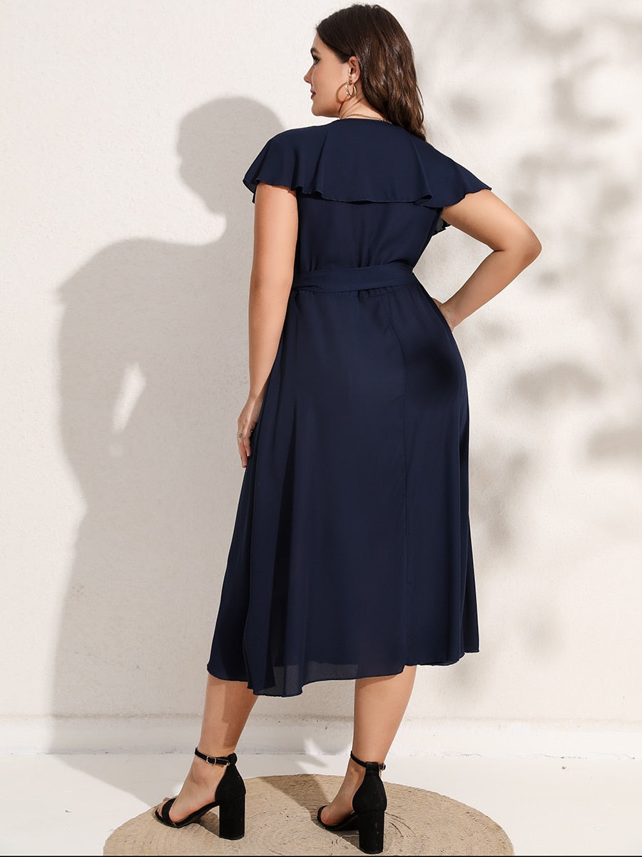 Party Dresses For Women 2023 Plus Size Summer Midi Dress V-Neck Solid Ruffle Sleeve Belted Wrap Dress