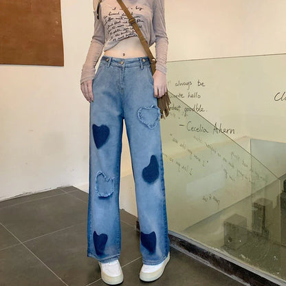 vmtvr High Waist Women Jeans Korean Fashion Love Print Loose Wide Leg Pants Summer Streetwear Female Straight Denim Trousers