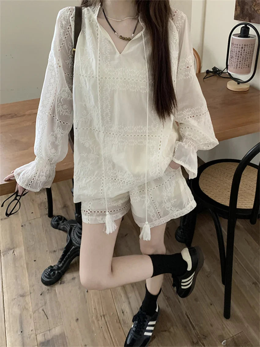 vmtvr White Women Suits Hollow Out Flare Full Sleeve Blouses Summer Office Wear Sweet Casual New OL Wide Leg Loose Shorts