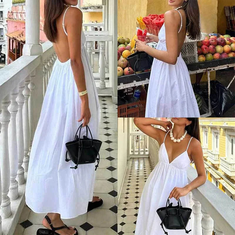 vmtvr Simple Sexy V-neck High Waist Boho Long Dress Women Spring Solid Loose Pleated Party Dress Summer Backless Hollow Straps Dresses