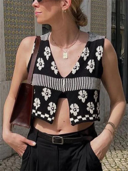 vmtvr Printed Vintage Fashion Cropped Top Vest For Women Contrast Fashion Sleeveless Summer V-Neck Tank Top Female Y2k Top New