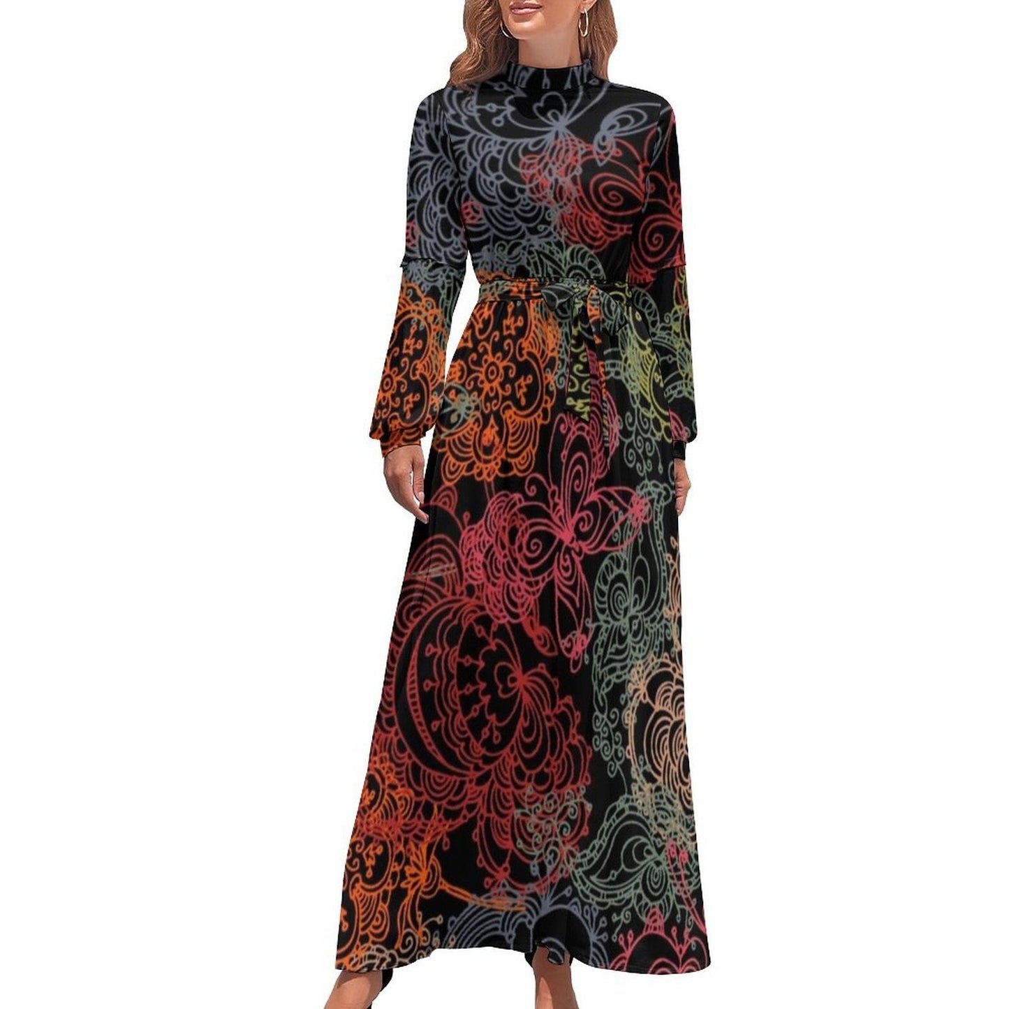 vmtvr - Ethnic Bohemia Dress Retro Floral Print Basic Beach Dresses Female Long Sleeve High Neck Elegant Long Maxi Dress