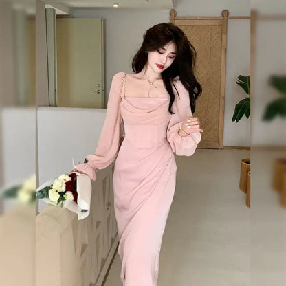 2024 Solid Elegant Fairy Dresses Women Casual Party Fashion Korean One Piece Dress Female Lace Vintage Chic Midi Dresses