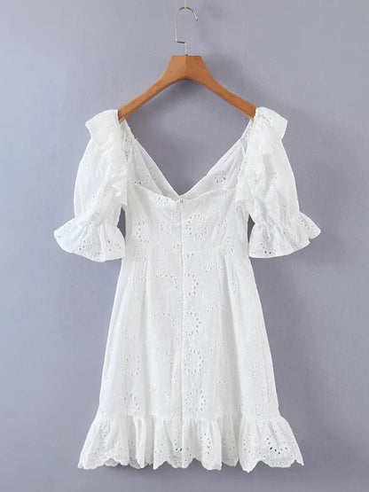 vmtvr  - Ruffles Puff Sleeve White Lace Dress Flower Embriodery Hollow Out Cotton Beach Dress Women Backless Party Mini Dress