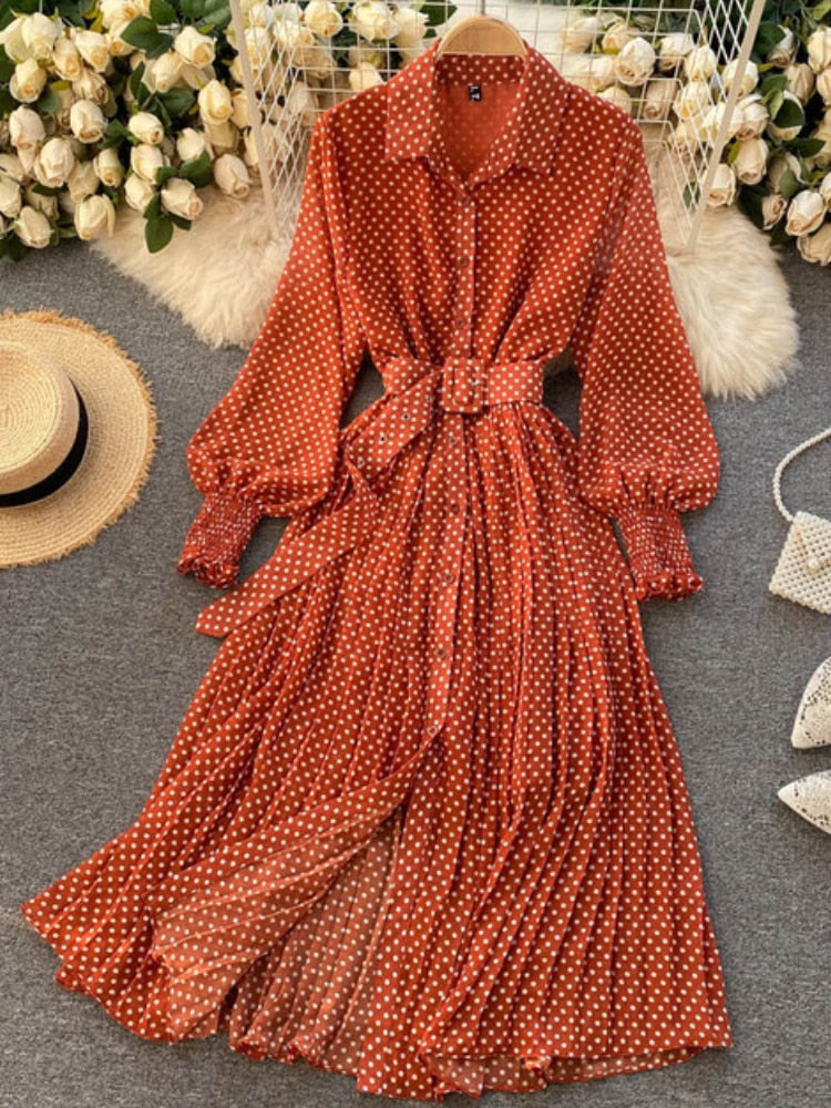 Spring Autumn Women Vintage Maxi Party Dress Long Sleeve Orange Polka Dot Pleated Evening Black Vestidos Femme Fashion Robe New