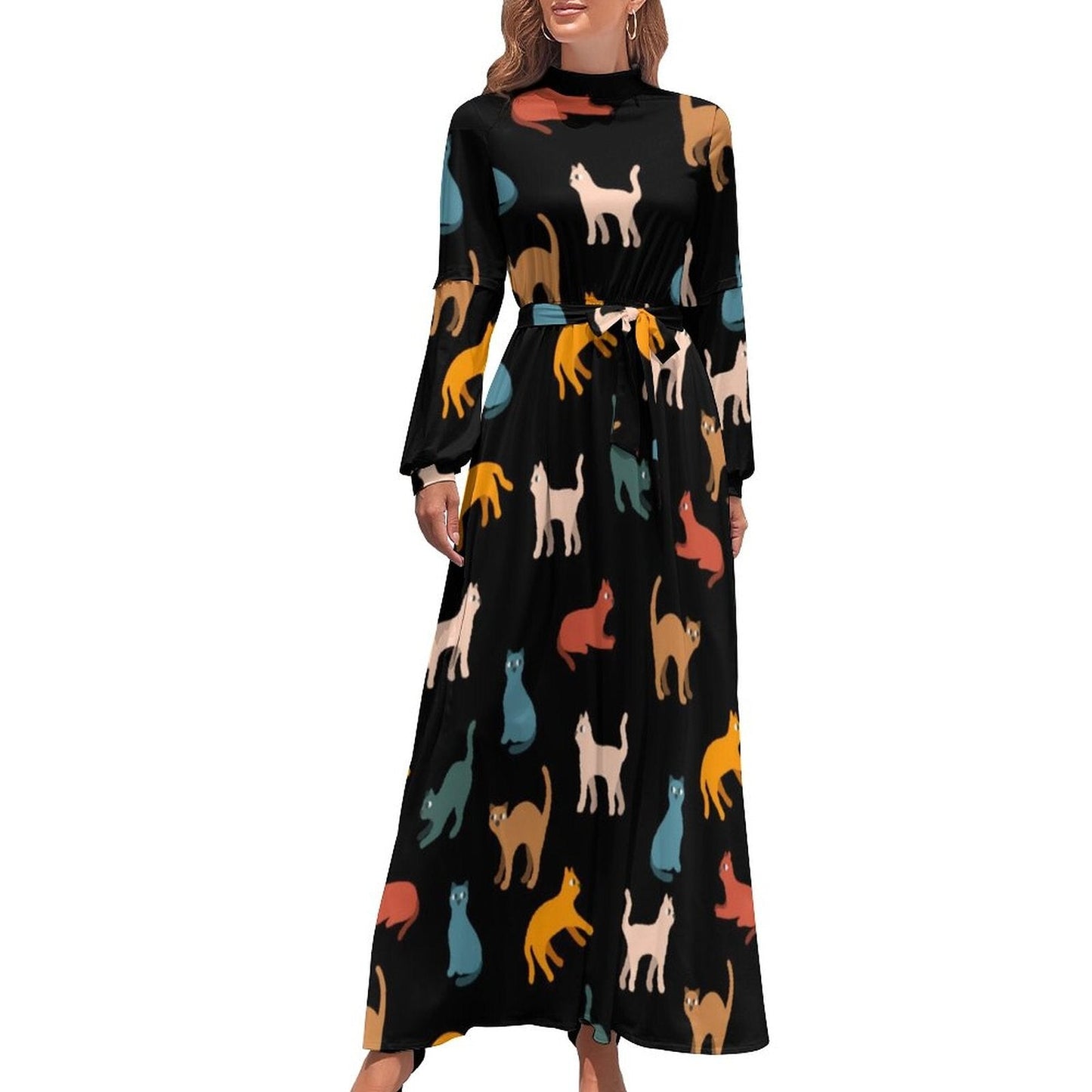 vmtvr - Cute Cats Print Dress Funny Animal Elegant Printed Maxi Dress High Waist Long-Sleeve Street Fashion Bohemia Long Dresses