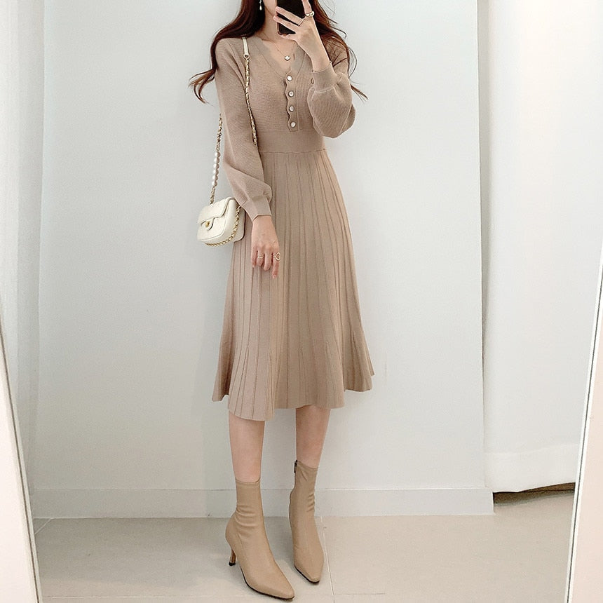 Vintage One Piece Korean Pleated Dress Long Sleeve Slim Woman Sweater Dresses Knitted Elegant Midi Party Woman Dress Autumn 2022