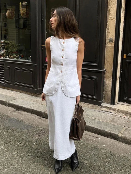 vmtvr Summer Slim White Cotton Two Piece Set Women Outfit Elegant Sleeveless Tops With High Waist Long Skirts Sets