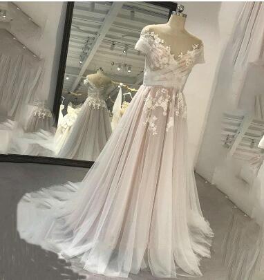 vmtvr - Elegant Long A Line Champagne Wedding Dresses Applique Organza Scoop Neck Short Sleeves Cut Off Open Back Custom Made