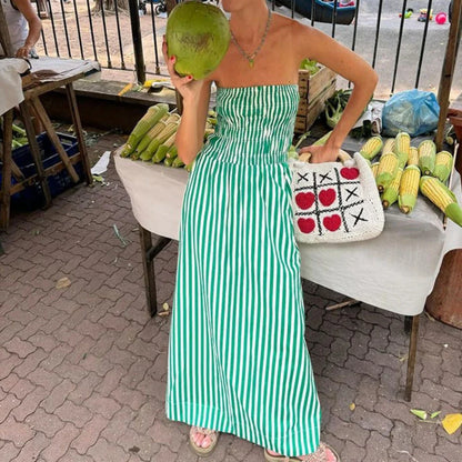 vmtvr  -  Green Striped Strapless Dress Women Elegant Casual Loose Long Beach Holiday Dresses Summer Fashion Folds Bohemia Outfits