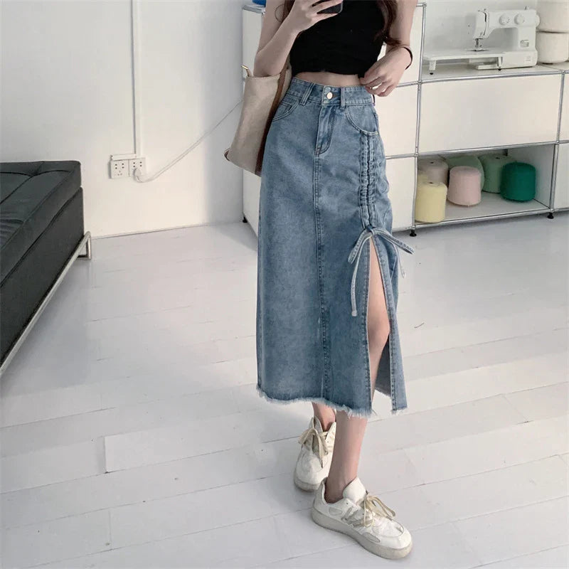 vmtvr Y2K High Waist Women Jeans Skirts Korean Fashion Bandage Female Tassel Midi Skirts Summer Casual Streetwear A Line Skirts