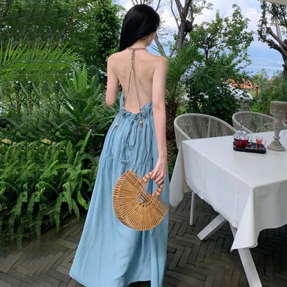 Halter Beach Holiday Dress for Women 2024 Off shoulder Blue Vacation Summer Casual Dresses French Sexy Backless Midi Clothes New