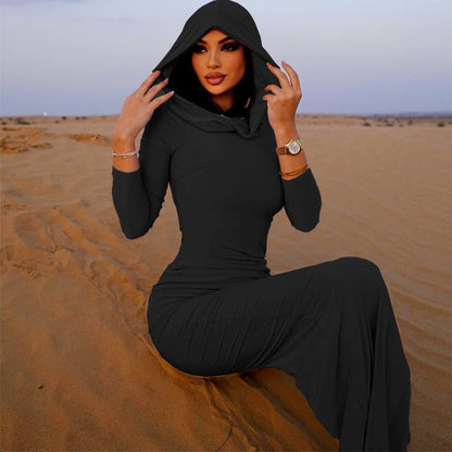 vmtvr - Hooded Long Sleeves Fitted Dress for Women  Elegant Sexy Back Slit Bodycon Maxi Dresses Street Style