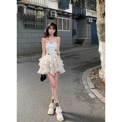 vmtvr  -  Korean Y2k White Mini Dress for Women New Summer Casual Tulle Bralette Sleeveless Lolita Birthday Cake Puff Female Clothes