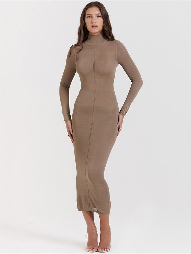 Turtleneck Backless Bodycon Midi Dress For Women New Autumn Winter Long Sleeve Club Party Sexy Long Dress Vestidos