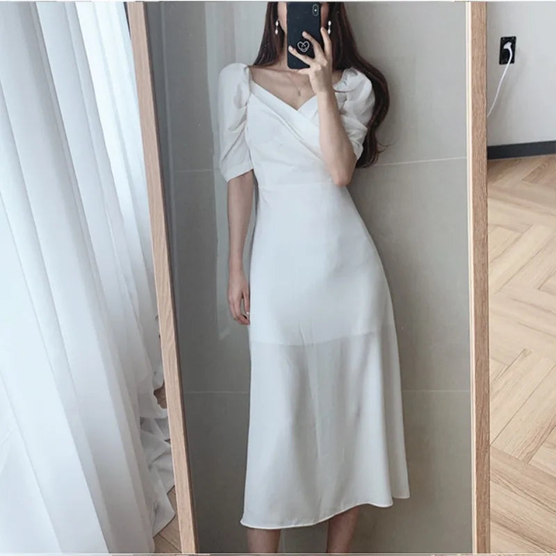 vmtvr  -  Vintage V-neck Slim Chiffon Women Dress Elegant Puff- Sleeve White Ladies Dresses Summer Party Pink Midi Dresses Vestidos