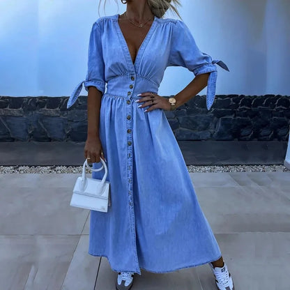 vmtvr  -  Elegant Deep V-neck Half Sleeves Denim Dress Women Fashion Single-breasted Solid Long Dress Casual Hight Waist Solid Party Dress