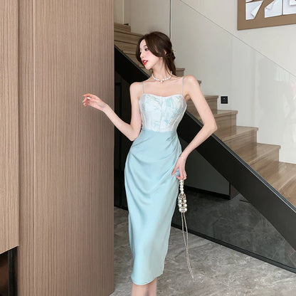 vmtvr Sexy Backless Midi Dresses for Women Summer Elegant Party Prom Suspender Female Clothes Vestidos Satin Embroidery Evening Dress