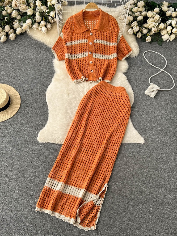 vmtvr - Korean Spring Summer Vacation Style Knitted Twi Piece Set Women Chic Hollow out Sweater Cardigan +Long Maxi Skirt Sets