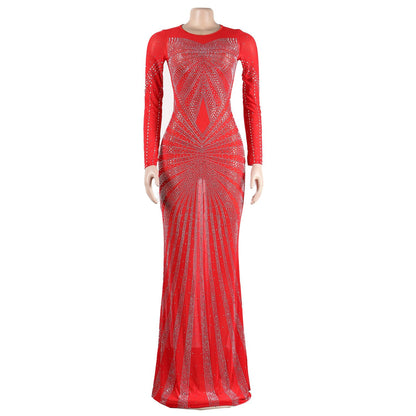 vmtvr Sexy Rhinestones Floor-length Evening Dresses Luxury Elegant Women's O-neck Long Sleeve See-through Mesh Night Club Long Dress