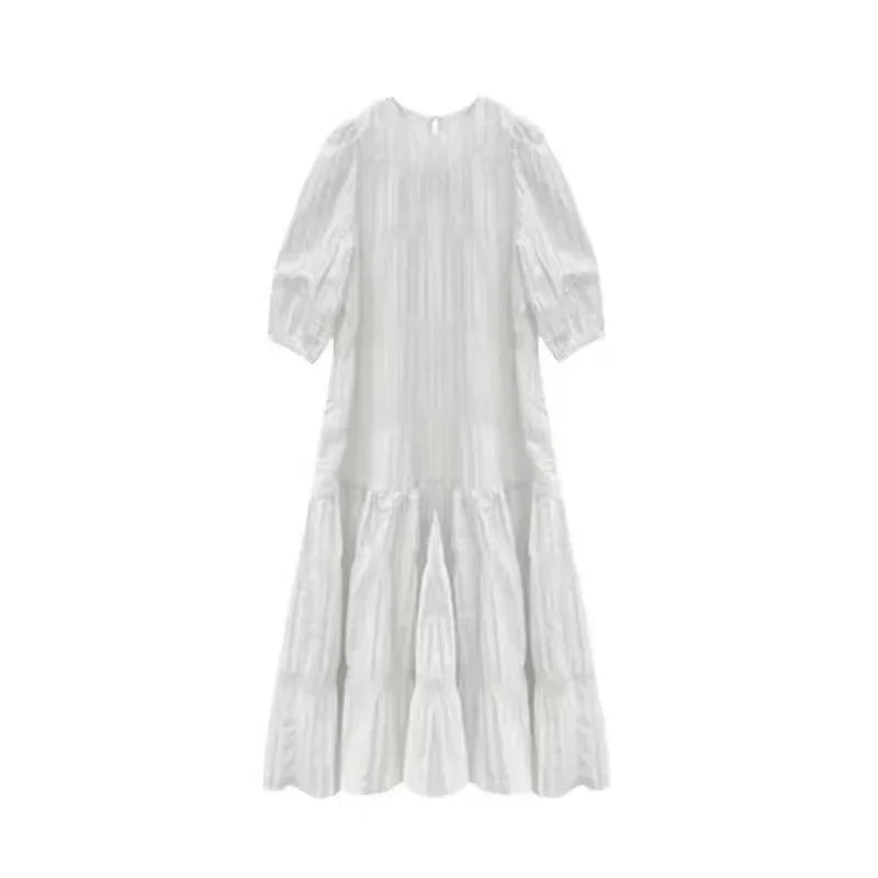 New Casual Loose Short Sleeve Summer Beach Dress White Fashion French Pleaded Dress for Women Evening Party Dresses Robe 27992