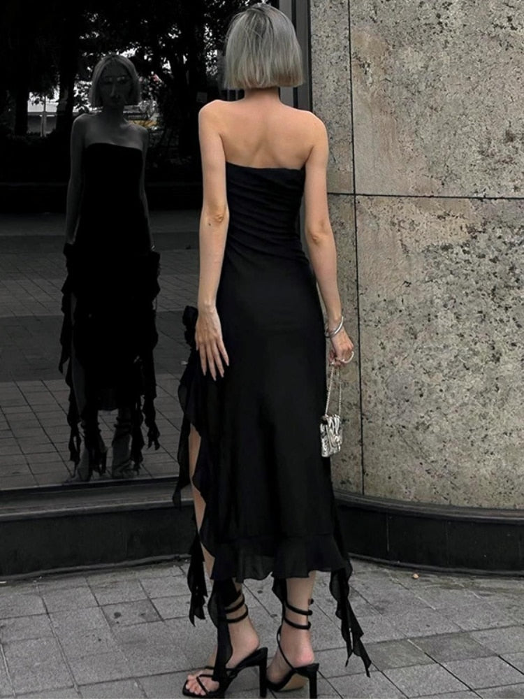 vmtvr - Black Strapless Midi Dress Women Fashion Irregular Ruffles Y2K Fairy Dress Sexy Backless Split Party Club Outfits 2024 Summer