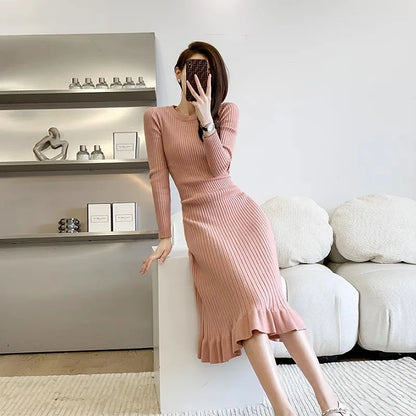 vmtvr Thick O-Neck Long Sweater Dress for Women Elegant Casual A-line Slim One-Piece Sexy Long Sleeve Knitted Dress Autumn Winter