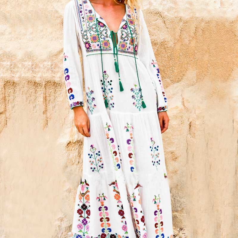 vmtvr - Boho Inspired floral embroidered long Sleeve white dress women V-neck tassel boho dress maxi chic style dress gypsy vestido