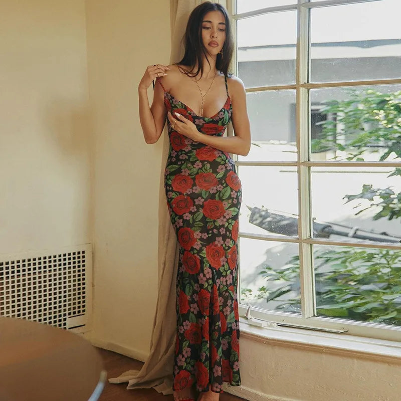 Floral Print Sexy Draped Slip Maxi Dress Elegant See Through Outfits Women Sleeveless Dresses Party Club Vestido