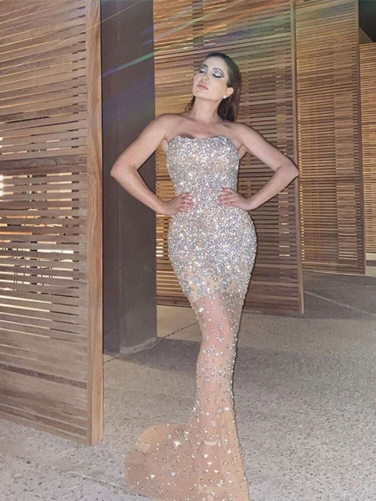 Sexy Sequin Rhinestone Mesh Bodycon Fishtail Dress Women Off Shoulder Sleeveless Maxi Dresses Lady Elegant Party Evening Dress