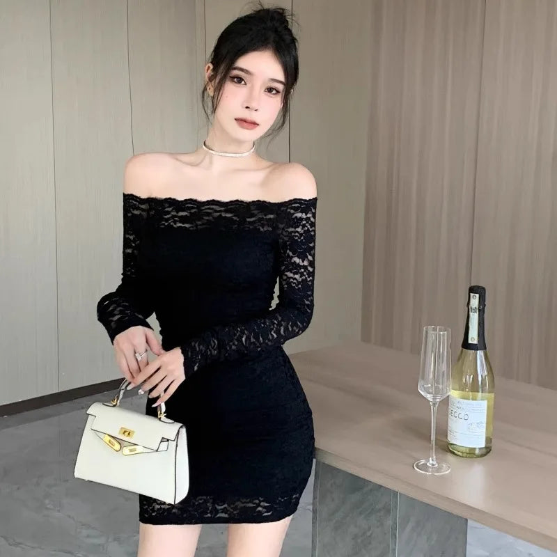 vmtvr  -  Party Dresses New in Womens Dresses Lace Pure Desire Long Sleeve Royal Sister Style Skirt Sexy Straight Shoulder Cinched Waist