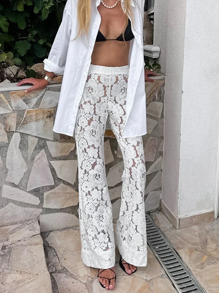 vmtvr 2024 Summer Women Sexy Lace Flare Pants Beach Solid White High Waist Sheer Trousers Female