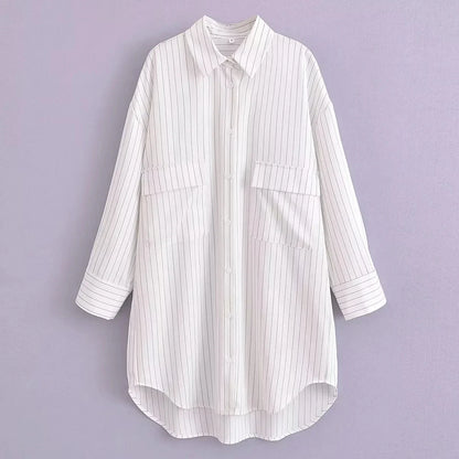 vmtvr  -  White Stripe Shirt Dress Women Autumn Spring Slit Casual Oversize Single Breasted Turn Down Collar Short Summer Dress