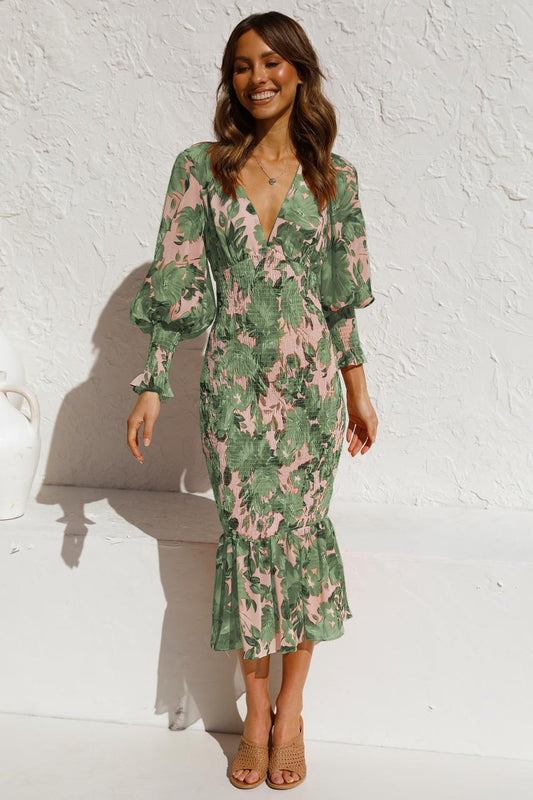 vmtvr -  Spring Midi Dress V-neck Long Sleeve Ruffled Trumpet Dress Floral Printed Boho Vestido Feminino Cotton Mermaid Dress