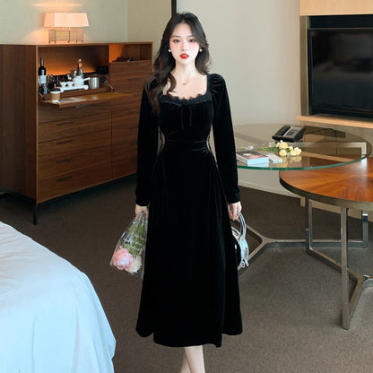 vmtvr -  New Spring and Fall Vintage Black Long Sleeve Dress Woman Elegant Fashion Velvet Midi Dress Korean Style Even Party Dresses