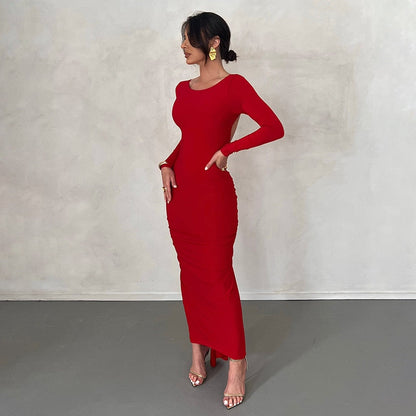 vmtvr - Backless Maxi Dress Elegant Red Long Sleeve Sexy Ruched Bodyocn Evening Party Dress for Women Spring Slim Christmas Outfits