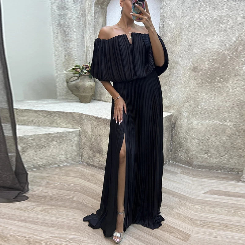 vmtvr Spring Strapless Folds Pleated Long Maxi Dress Women Off Shoulder High Waist Split Party Dress Summer Backless Hollow Boho Dress