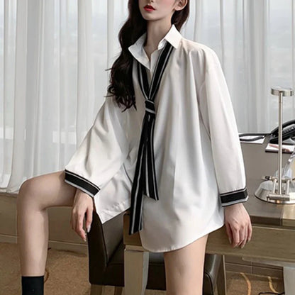 vmtvr Dark Academic Women Chiffon Shirts Korean Fashion Nine Quarter Sleeve Loose Tops Summer Streetwear Female Y2K Black Blouse