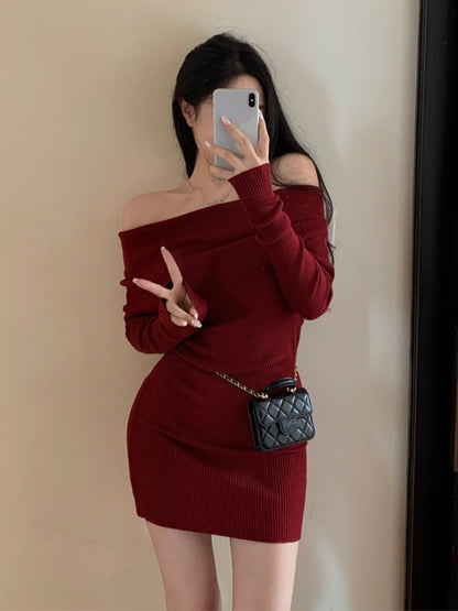 Red Winter Vintage Knitted Dress Women Sexy Bodycon Elegant Party Mini Dress Female Off Shoulder Chic Korean Fashion Dress 2023