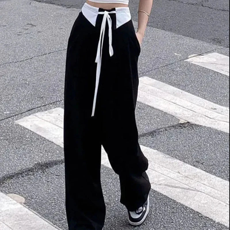 vmtvr Streetwear Women Suit Pants Summer Patchwork Black Loose Wide Leg Pants Y2K Fashion Female High Waist Bandage Trousers New