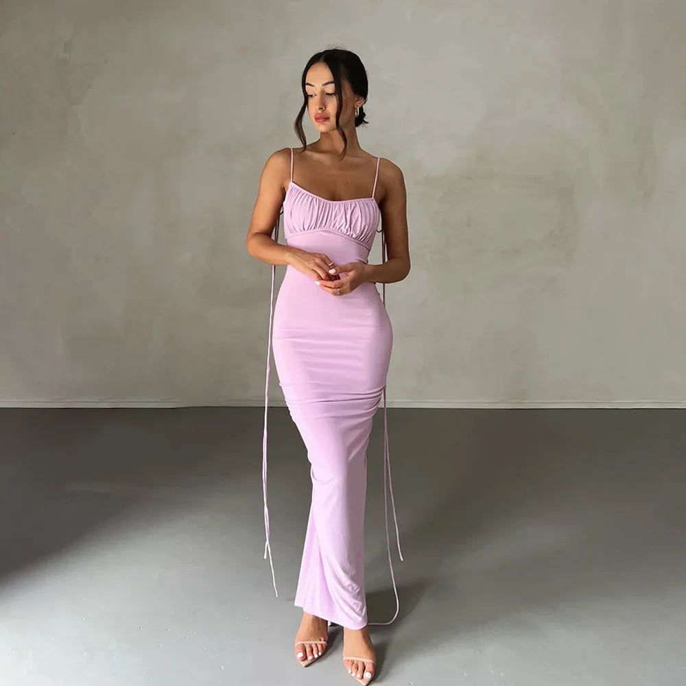 Spaghetti Strap Sexy Backless Maxi Dress Outfits Women Elegant Birthday Vestido Summer Club Party Ruched Dresses