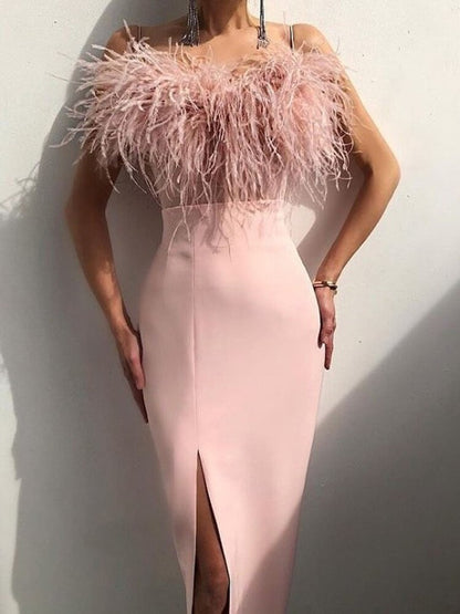 vmtvr Luxury Feathers Dress Women Sleeveless Spaghetti Strap High Waist Bodycon Slit Mid-calf Wedding Birthday Party Evening Dresses