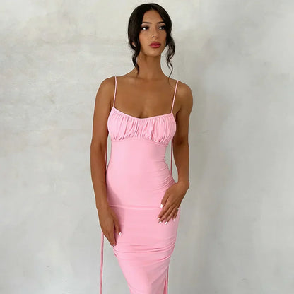 Spaghetti Strap Sexy Backless Maxi Dress Outfits Women Elegant Birthday Vestido Summer Club Party Ruched Dresses