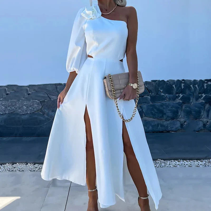 vmtvr  -  Women Sexy Diagonal Collar Hollow Long Dress Elegant Split Backless Zip Solid Party Dress Casual Half Sleeve Waist Layer Dresses