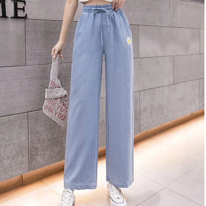 vmtvr Y2K High Waist Women Pants Korean Chrysanthemum Embroidery Loose Wide Leg Pants Summer Fashion Casual Female Ankle Length Pants