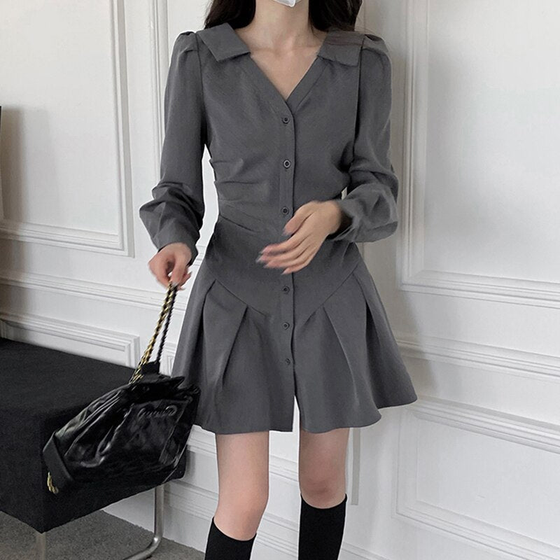 vmtvr - Chic Long Sleeve Single-breasted Women Shirt Dress 2023 Autumn V Neck Pleated Mini Dresses Korean Gray Slim High Waist Vestidos