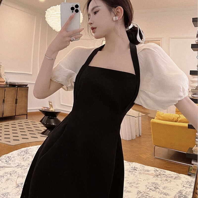 Retro Black Dress Summer Fashion Square Collar Backless Women Dresses Elegant French Puff Sleeve Women&#39;s Maxi Dress Sundress New