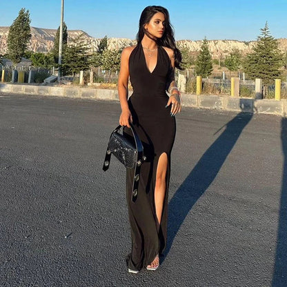 vmtvr New Black Maxi Dress Women Summer Sexy Backless Sleeveless Halter Party Split Dress Simple Fashion Casual Elegant A-LINE Dresses