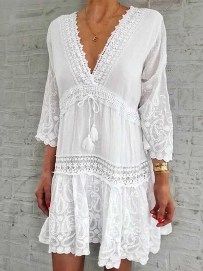 vmtvr Women Lace Round Neck Mini Dress Spring Summer Hollow Out Short Sleeve Patchwork Dress Loose Off Shoulder Beach Dress Vestidos