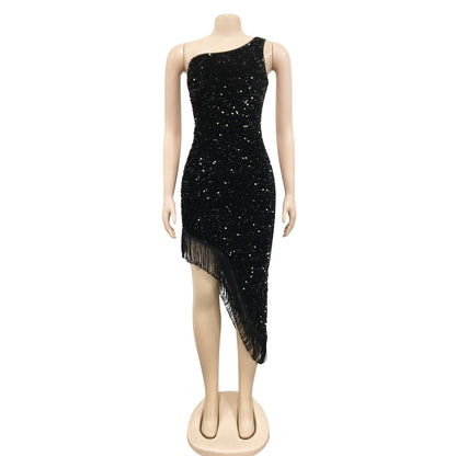 vmtvr -  Summer Formal Glitter Sequins Full Sleeve Slash Neck Bodycon Party Night Club Dresses Sexy Birthday Women Tassel Dress